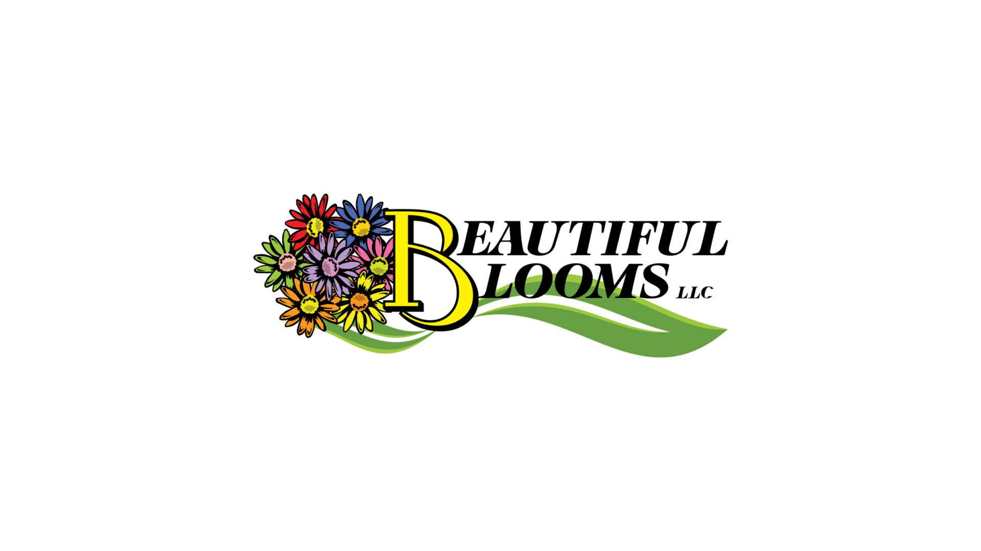 The image shows "Beautiful Blooms LLC" with a stylized letter B adorned with colorful, various flowers and green leaves against a white background.