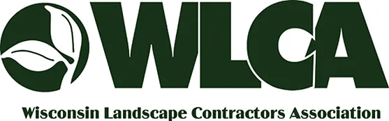 The image shows a green logo with the letters "WLCA" and a graphic of a leaf. Below is the text "Wisconsin Landscape Contractors Association" in black.