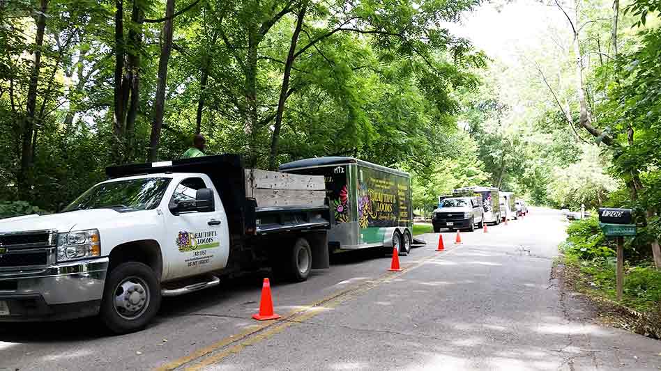 A line of parked vehicles with orange traffic cones is on a leafy residential street, suggesting maintenance or construction work, along with greenery around.