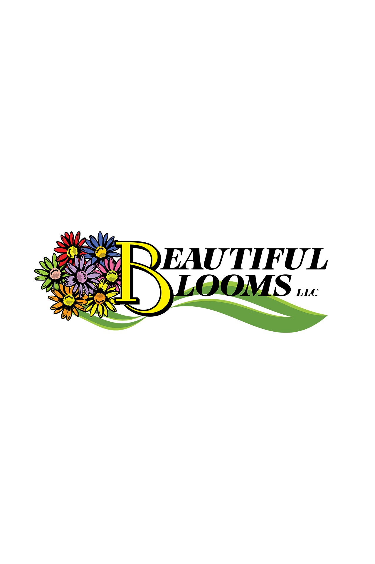 The image is a logo with the text "BEAUTIFUL BLOOMS, LLC," featuring stylized colorful flowers forming part of the letter "B" and a green leaf design.