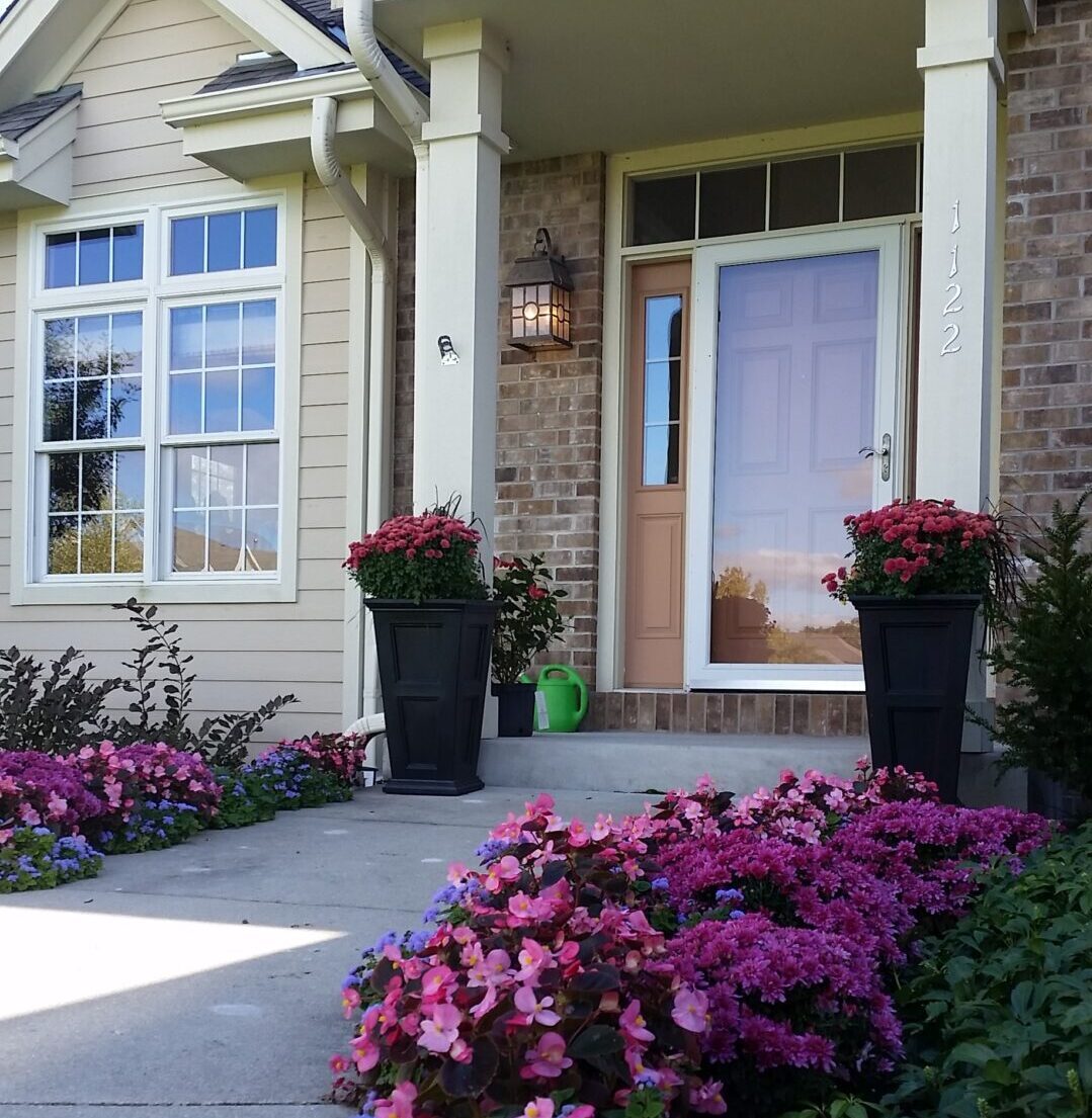 A home entrance with a beige door, tall windows, pink flowers in pots, blooming bushes, and a green watering can by a brick house.